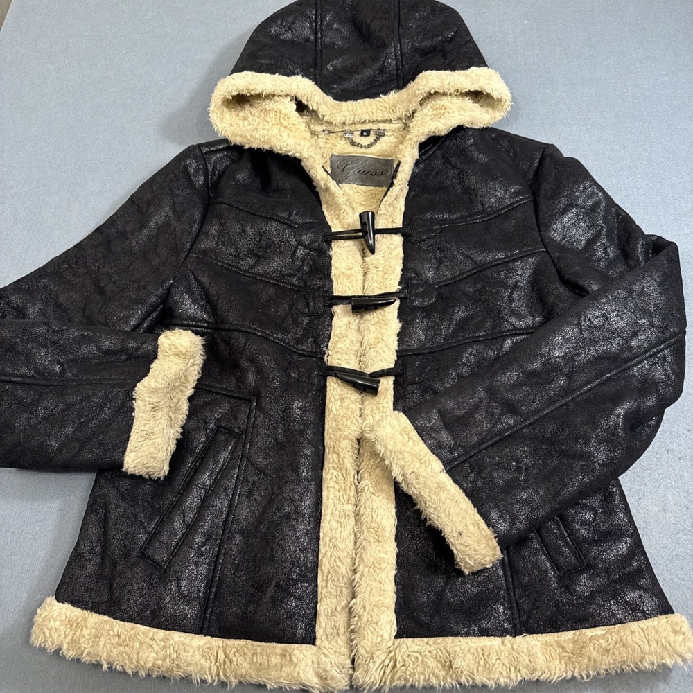 Guess Black and Cream Faux Fur Toggle Jacket